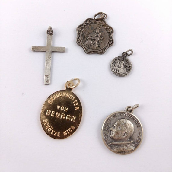 Antique Reliquary Medal Pendants - Silver Cross p… - image 3