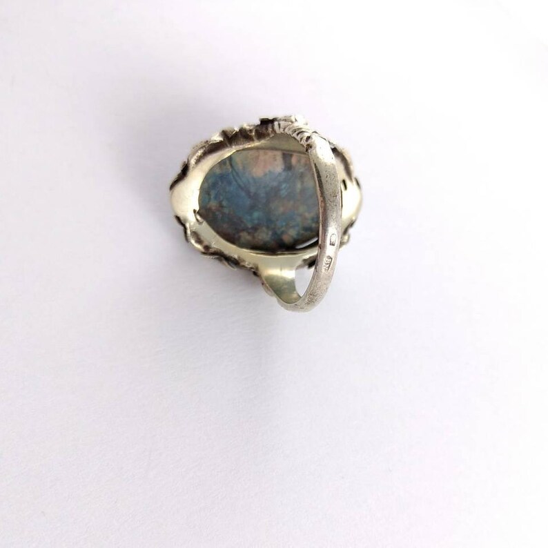 Size US 8 Blue and Silver Size UK P Azurite Silver Ring Vintage Jewelry Flower Pattern