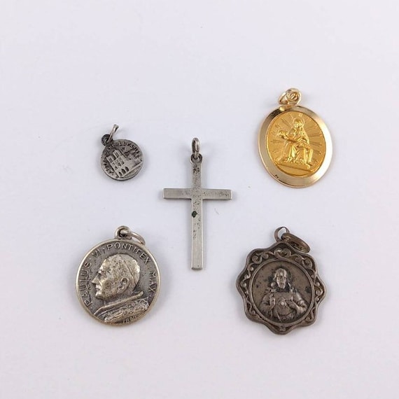 Antique Reliquary Medal Pendants - Silver Cross p… - image 1