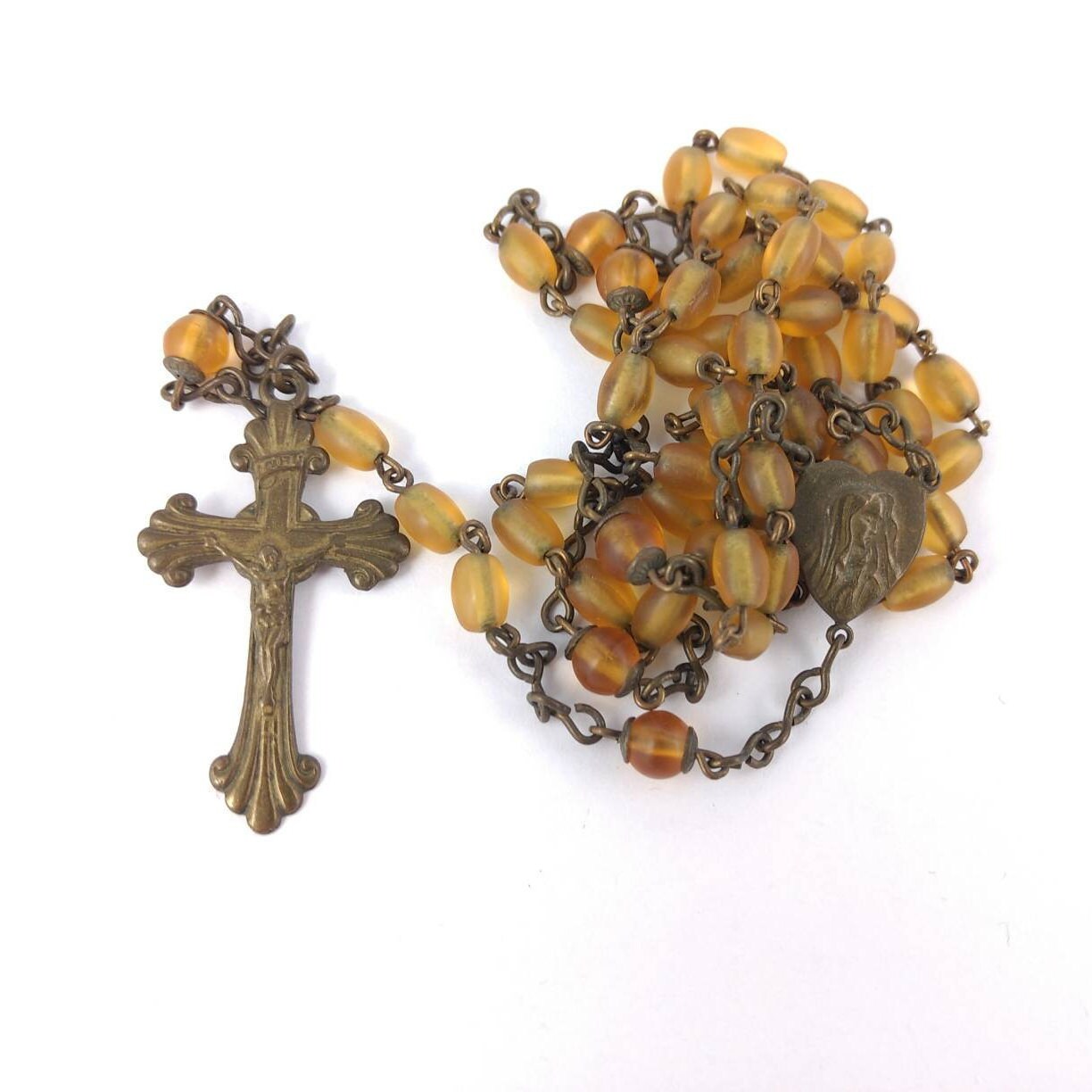 アンティーク★木製ロザリオ＆ブレスレットセット★ヴィンテージ Orange Rosery - Vintage jewelry - Bronze Cross - Glass Beads