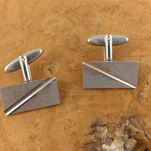 Vintage Cufflinks - Silvertone - Stripe - Rectangle - Modern - Abstract - 1970 - Retro Jewelry - Gift For Him