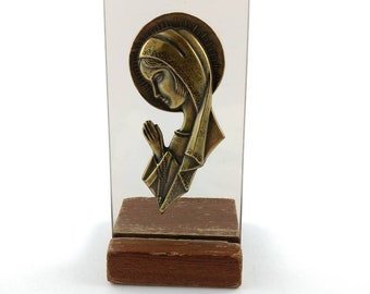 Virgin Mary - Brass and Glass - Vintage Home Decor - Wood