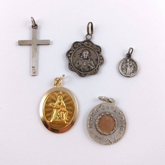 Antique Reliquary Medal Pendants - Silver Cross p… - image 7