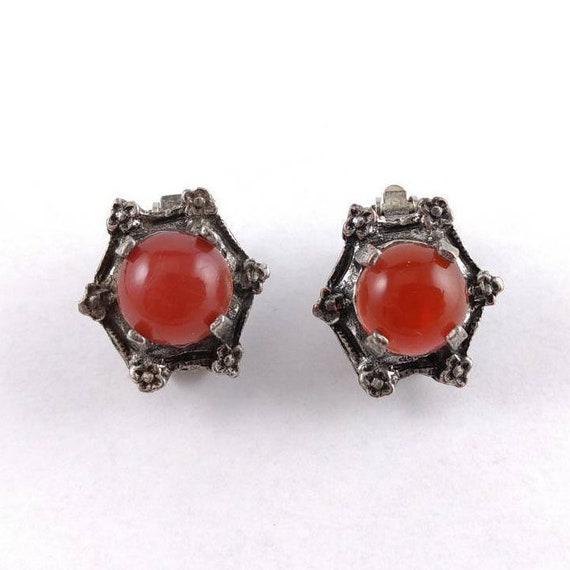 Antique Clip on Earrings - Red Cabochons - Silvert