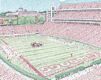 May include: An aerial view of a football stadium filled with spectators. The field is green with the word "Bulldogs" in white. The stands are packed with fans in red and white. The image is composed of text.