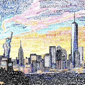 New York City Skyline Word Art - Handwritten with Streets, Neighborhoods & Landmarks - New York City Poster - 16&quot;x20&quot; - NYC Home Decor