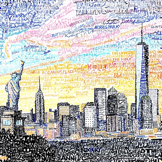 New York City Skyline Word Art - Handwritten With Streets