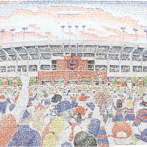 May include: A colorful, detailed artwork depicting a stadium filled with fans. The image is composed of text, with team names and game details forming the stadium structure and crowd. The sky is a gradient of orange and blue.