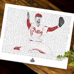 May include: A print featuring a baseball player in a Phillies uniform, composed of game statistics and team logos. The text includes "Philadelphia Phillies Win 2008 World Series 4-1".