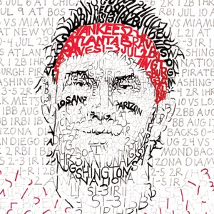 May include: A black and white graphic art print of a person's face, composed of baseball game details and team names. The word "Yankees" is in black, and "Braves" is in red. The image has a minimalist style.