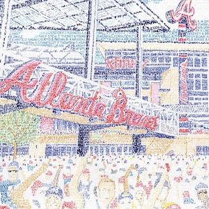 May include: A detailed artwork featuring the Atlanta Braves logo and text, composed of numerous smaller words and names. The dominant colors are red, blue, and beige, creating a textured and layered effect. The image captures a sense of team spirit and fan engagement.
