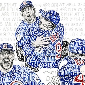 May include: An artistic illustration of baseball players in action, rendered in blue and red ink on a white background. The artwork incorporates text, including game dates and team names, creating a dynamic and detailed composition. The players are wearing baseball caps.