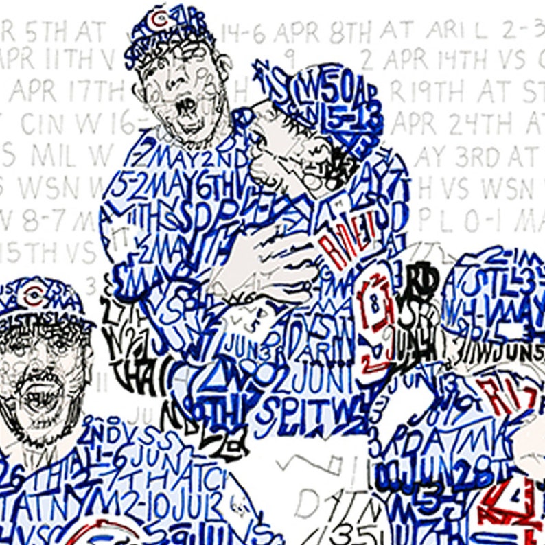 May include: An artistic illustration of baseball players in action, rendered in blue and red ink on a white background. The artwork incorporates text, including game dates and team names, creating a dynamic and detailed composition. The players are wearing baseball caps.