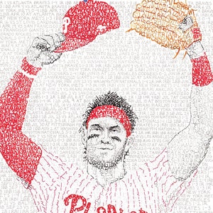 May include: A baseball-themed artwork featuring a player's portrait composed of game statistics and team names. The player is wearing a red cap and a jersey, with the word "Phillies" visible.