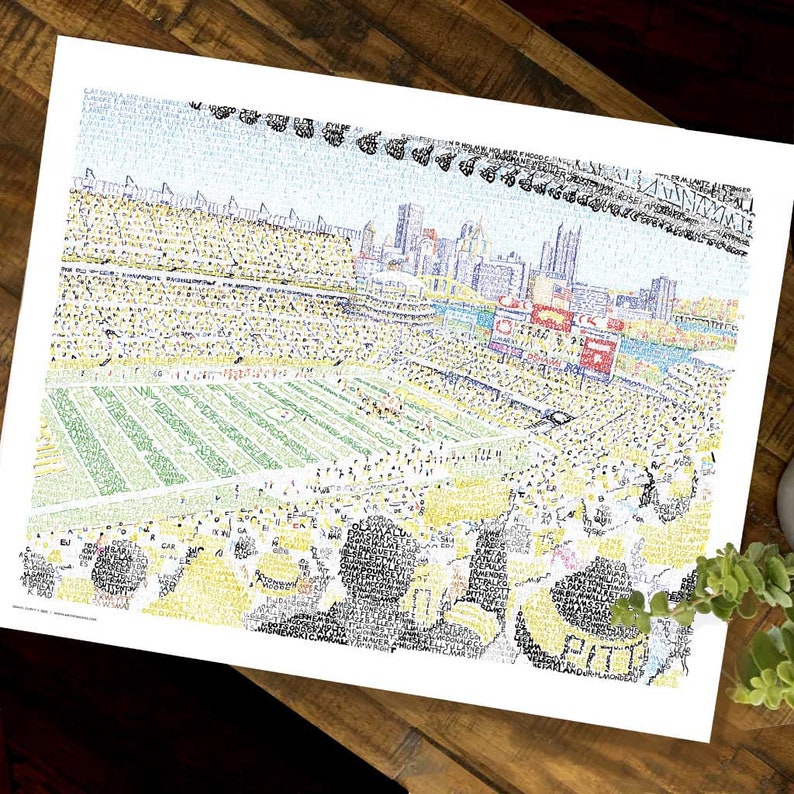 Puede incluir: Una impresi&oacute;n detallada de un estadio de f&uacute;tbol lleno de aficionados, renderizada en un estilo &uacute;nico utilizando texto. La obra de arte presenta un campo verde, asientos amarillos y un paisaje urbano en el fondo. La impresi&oacute;n est&aacute; sobre papel blanco y se muestra sobre una superficie de madera.