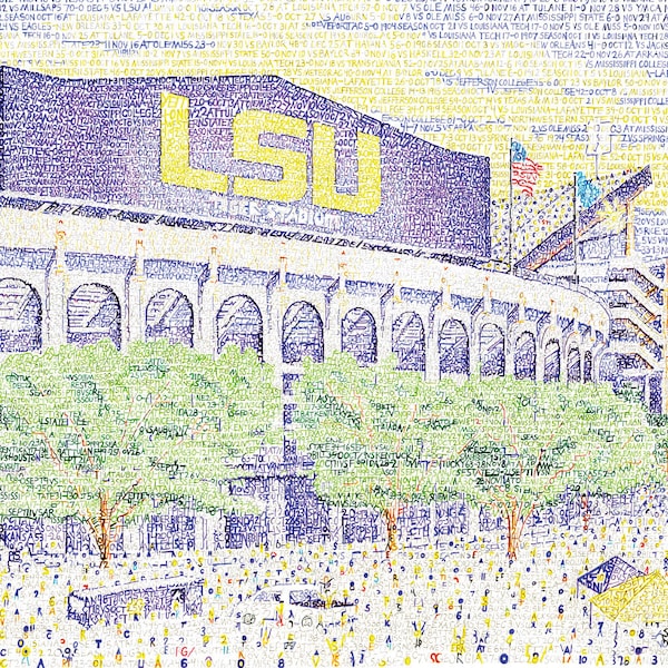 Lámina decorativa con el texto del estadio de los Tigres de LSU - 40 x 50 cm - Escrita a mano con los resultados de todas las victorias históricas - Regalos de fútbol americano de los Tigres de LSU - Póster de LSU