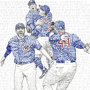 May include: An artistic illustration of Chicago Cubs baseball players celebrating a victory. The image is composed of text, including game dates and scores, forming the players' figures in blue and white.