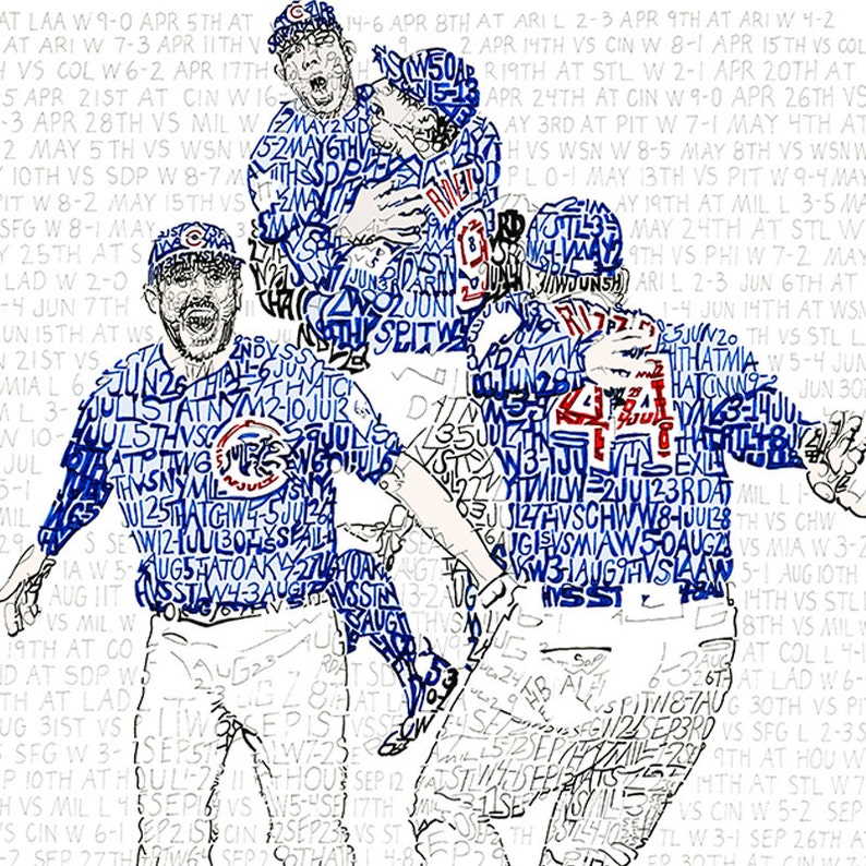May include: An artistic illustration of Chicago Cubs baseball players celebrating a victory. The image is composed of text, including game dates and scores, forming the players' figures in blue and white.