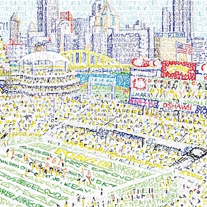 Puede incluir: Impresi&oacute;n art&iacute;stica abstracta que presenta un paisaje urbano compuesto por texto colorido. La obra de arte incluye nombres y palabras en varios colores, con un puente y edificios. El estilo recuerda al arte pop.