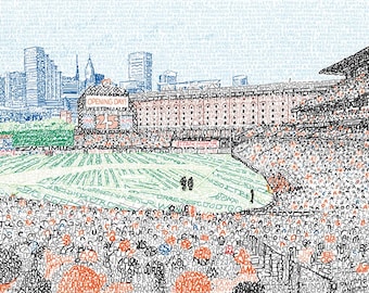 Lámina decorativa con la palabra "Camden Yards" de los Baltimore Orioles - Escrita a mano con cada jugador de los Orioles en la historia - 40,6 x 50,8 cm - Decoración de pared de los Orioles