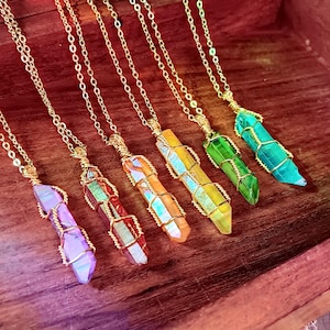 Rainbow Aura Quartz Necklace on 14k Gold Dipped Chain