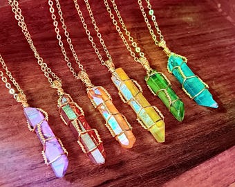 Rainbow Aura Quartz Necklace on 14k Gold Dipped Chain