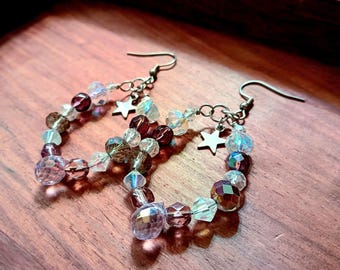 Crystal Suncatcher Hoop Earrings with Stainless Steel Stars and Hooks in Blue, Pink, Purple and Orange