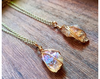 Citrine Aura Quartz Necklaces with 14k Gold Dipped Chain