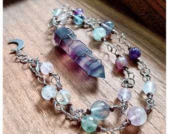 Fluorite Wire Wrapped & Beaded Necklace, Stainless Steel Crescent Moon