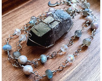 Smoky Quartz Wire Wrapped Necklace with Labradorite, Angel Aura Quartz & Purple Aura Moonstone Beaded Chain, Stainless Steel Crescent Moon
