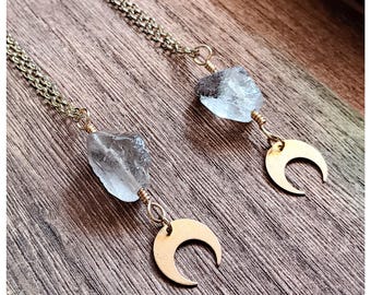Black Phantom Quartz Necklace with Crescent Moon on 14k Gold Chain