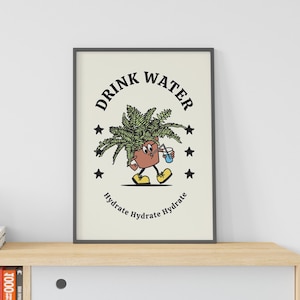 Drink Water Printable Art, Retro Poster, Digital Download, Retro Character Print, Large Printable Art, Printable Art Retro, Illustration Art