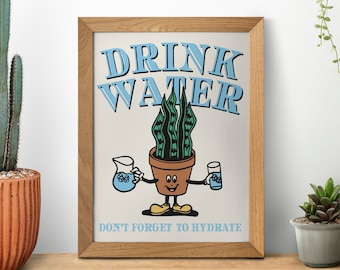Drink Water Reminder Print: Cartoon Plant Poster (SVG, PNG Digital Download)
