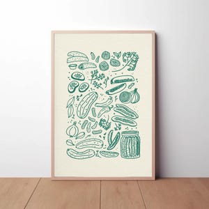 Pickle Print - Pickle Art - Küchen Wandkunst - Minimalistische Kunst - Food Illustration - Arten von Pickles Poster - Grüne Wanddekoration - Vintage