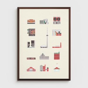 Puede incluir: Una impresión enmarcada con ilustraciones coloridas de los puntos de referencia de Toronto, incluyendo la Torre CN y el letrero de Honest Ed's. La obra de arte tiene un fondo crema y un marco marrón oscuro.