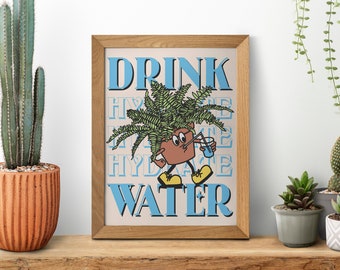 Drink Water Reminder Print: Cartoon Plant Poster (SVG, PNG Digital Download)