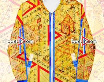May include: A yellow and blue bomber jacket with a zipper closure. The jacket is covered in a pattern of red and black writing. The writing is in a foreign language.