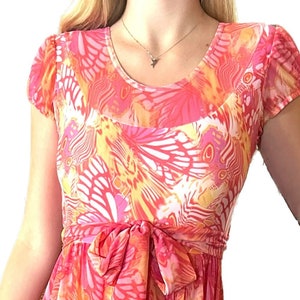 Abstract Print Maxi Dress, Vintage Short Sleeve High Waist Dress Long Sheer Tulle, with Sheer Long Sashes to Wrap Around