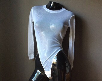 Sheer White Bodysuit with Long Sleeves, Tulle Mesh Leotard, Thong in the Back, Soft Stretch Fabric