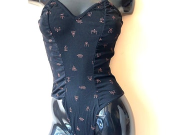 Italian Bodysuit with Spaghetti Straps, Black Wool  Printed Acrylic,