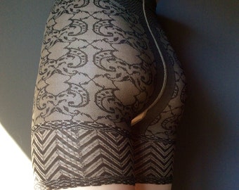 Lace Control Top Pantyhose, Joanna Trojer Made in Italy, Jaquard Black Lacy Pattern and Sheer Leg