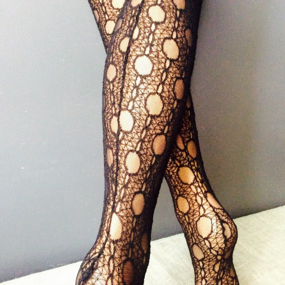 size medium Beautiful black lace tights with seam