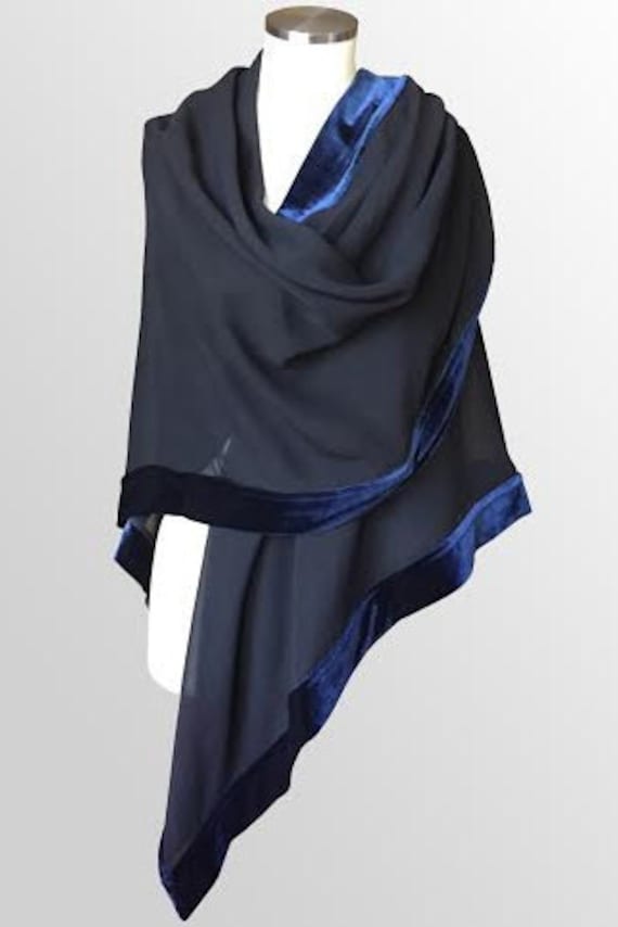 Blue Velvet Trim Shawl  Italian Scarf 64' Square S