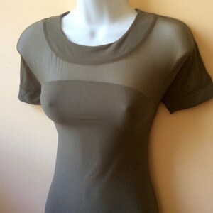 Sheer Stretch Tulle T-Shirt: Olive Green Kimono Cut, Y2K Made in Italy