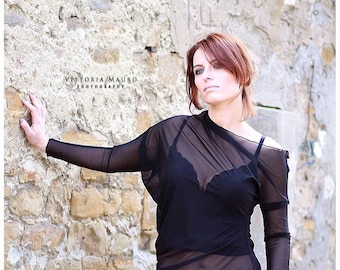 Asymmetrical Tulle Blouse, Sheer Mesh Top, Italian Chiffon