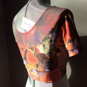 Vintage Italian Top, Floral Mesh Crop Top: Italian Verona Stretch Fabric, Garden Print