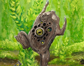 May include: A brown frog with yellow eyes and a distinctive pattern of holes on its back is standing on its hind legs in a green and brown environment. The frog is facing away from the viewer and its legs are extended. There is a smaller frog in the foreground.