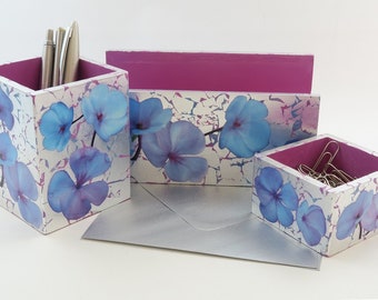 Floral Desk Accessories | Desktop Decor | Organizer | Pen Holder | Letter Holder - Decoupage Desk Set - DS-SPI-FLO