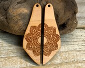 SS235-E pair unfinished Engraved Solid Cherry Wood Wave Plank Mandala Charm .75 quot x 2 quot use for earrings, connectors, charm, Finding, Dangles