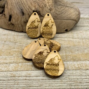 SS145E Howling wolf trees engraved charms in unfinished solid sustainable USA hardwood 1 x 1.45 x 3mm thick image 3